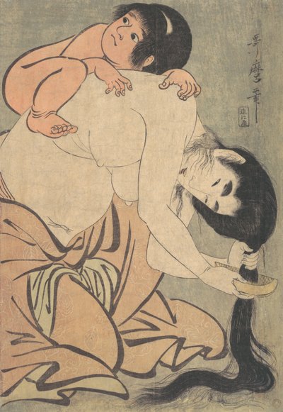 Saçını Taran Yamauba ve Kintoki, yak. 1801. by Kitagawa Utamaro