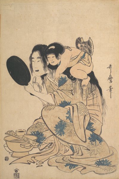 Yamauba dişlerini karartıyor ve Kintoki, yakl. 1795. by Kitagawa Utamaro