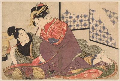 Bir fahişeyle sigara içen genç adam Jonge adam sarayla tanıştı Negai no itoguchi (dizi adı) by Kitagawa Utamaro
