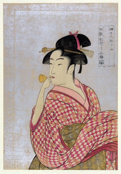 Cam Boru Üfleyen Genç Kadın (poppin), Utamaro, Kitagawa (1753-1806), yaklaşık 1792 - Renkli gravür, 38,9x27,5 - Özel Koleksiyon by Kitagawa Utamaro