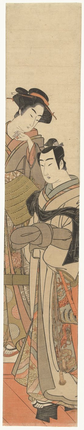 Kılık değiştirmiş genç bir adam olan bir kadın Jonge adam bir kadınla rieten çapaladı bir araya geldi by Kitao Masanobu (attributed to)