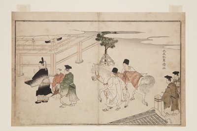 Beyaz Atın Yeni Yıl Sunumu (renkli tahta baskı) by Kitao Shigemasa