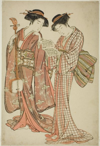 Shamisen ve Şarkı Kitabı Tutan İki Geyşa by Kitao Shigemasa