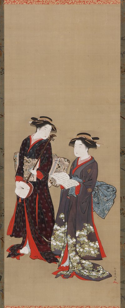 Ayakta duran iki kız, biri açık bir kitap tutuyor, 1615-1868. by Kitao Shigemasa