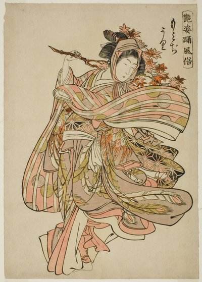 "Büyüleyici Figürlerin Dans Gelenekleri (Adesugata odori fuzoku)" serisinden Akçaağaç Yapraklarını (Momijigari) Görüntülemek by Kitao Shigemasa