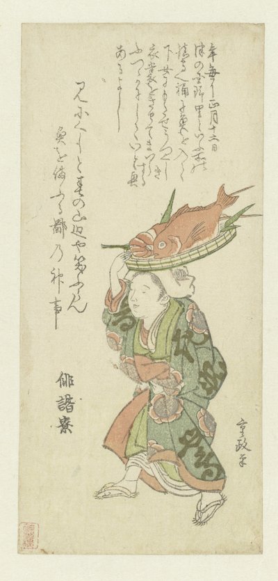 Kafasında Balık Tepsisi Taşıyan Kadın by Kitao Shigemasa