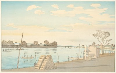 Fuji Dağı, Okawa Nehri manzaralı feribot by Kiyochika Kobayashi
