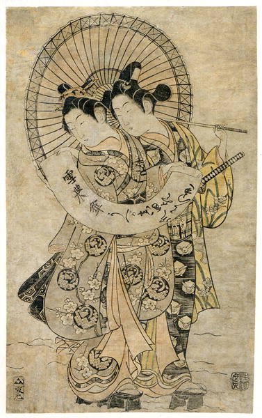 Karda duran ve üzerine bir şiirin yazılı olduğu bir kağıt tutan aşıklar (tahta baskı) by Kiyohiro Torii