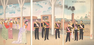 İmparatorun Zafer Yürüyüşünün Ardından Shinbashi İstasyonuna Gelişinin İllüstrasyonu..., 1895. by Kobayashi Kiyochika