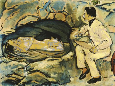 Otoportre, kaya mağarasında deniz kızı ile çizim, 1914. by Koloman Moser
