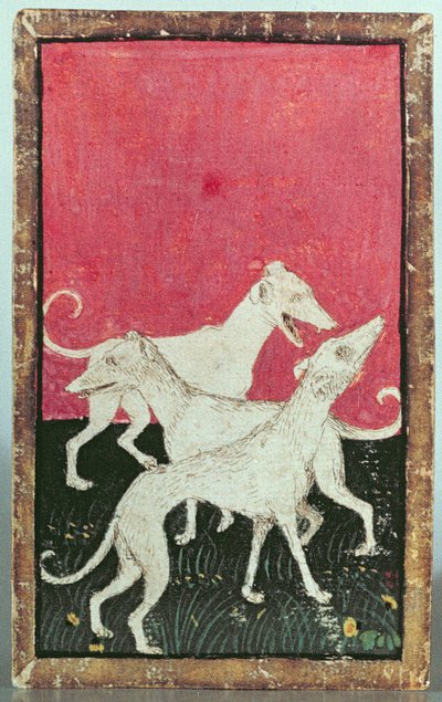 Üç av köpeği, saraylı avlanma sahnelerini gösteren bir dizi oyun kağıdından biri, Upper Rhein Are, c.1440-45 (kalem ve mürekkep, wc) (ayrıca bakınız 87698, 88300 ve 88302-04) by Konrad Witz