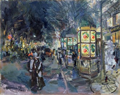 Geceleri Paris Bulvarı (geceleri Parisan Bulvarı). Yürüteçler, reklam büfeleri (Morris sütunları), ağaçlar ve aydınlatma ile başkentteki animasyonun açıklaması. Konstantin Alekseyeviç Korovin