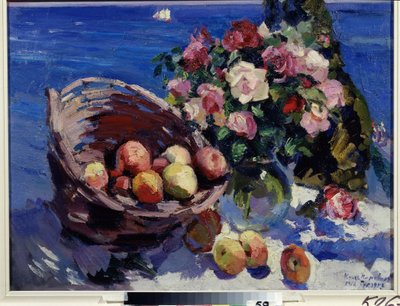 Gurzuf, Ukrayna (Gurzuf). Deniz kenarında çiçek ve meyvelerin natürmortu Konstantin Alexeyevich Korovin