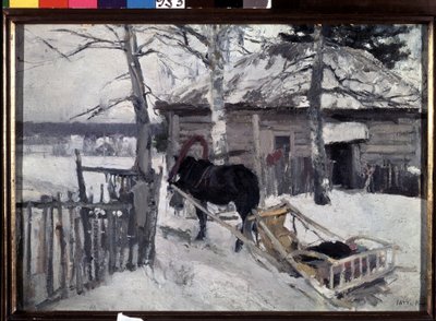 Kış (Kış). Kırlarda, karların altında, ahşap bir evin bahçesinde at arabası. Konstantin Alekseyeviç Korovin