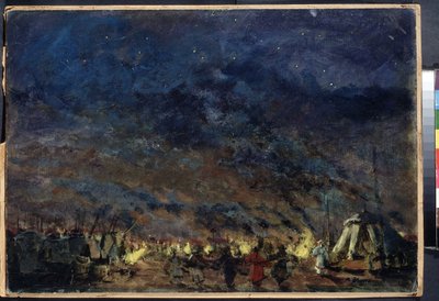 Polovtsian Kampı, Alexander Borodin tarafından Opera Prensi Igor için Sahne Tasarımı - (Polovtsian Kampı - Alexander Borodin tarafından Opera Prensi Igor için Sahne Tasarımı) - Yıldızlı bir gökyüzü altında, kampın çadırları ışık ışıklarını çerçevelemektedi by Konstantin Alekseevich Korovin