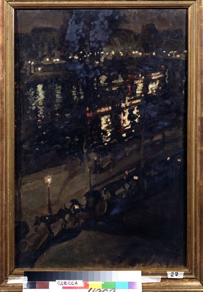 Geceleri Paris (Geceleri Paris). Bir at arabasıyla Seine rıhtımlarının görünümü ve su yüzeyine yansıyan şehrin ışıkları. Konstantin Alexeyevich Korovin