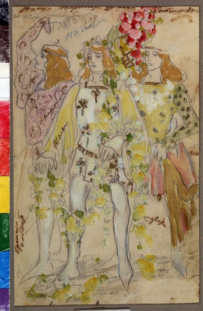 Raimonda balesi için kostüm tasarımı Alexandre (İskender) Glazunov (Glazounov veya Glazunoff veya Glazunow) (1865-1936) (Raimonda balesi için Kostüm Tasarımı, A. Glazunov). Erkek kostümleri. Konstantin Alexeyevich Korovin