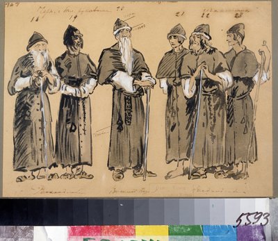 Modeste Mussorgsky (1839-1881) tarafından Khovanshchina operası veya Khovansky prensleri için kostüm tasarımı (M.Mussorgsky tarafından Khovanshchina Operası için Kostüm Tasarımı). Eski İnananlar için Kostümler. Konstantin Alexeyevich Korovin
