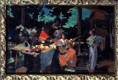 Teras, kır evinde akşam. (Teras. Kır evinde akşam). Yemekle dolu bir masa, bir kadın gitar çalıyor ve onu çevreleyen iki karakter daha var. Konstantin Alexeyevich Korovin