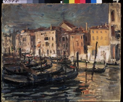 Venedik (İtalya) (Venedik). Rıhtımlar, gondollar ve güneşin sert ışığıyla aydınlanan binalarla Venedik lagünündeki Büyük Kanal. Konstantin Alekseyeviç Korovin