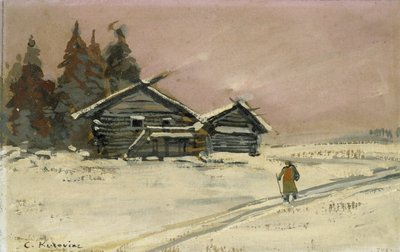 İki ahşap Kulübe ile Kış Manzarası (gövde rengi ve gemide yağ, çizim olarak monte edilmiş) by Konstantin Alekseevich Korovin