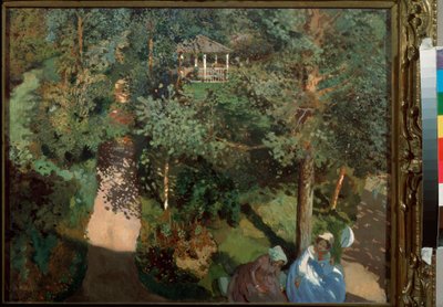 güven. (Ağaçlı bir parkta bankta iki kadın.) Konstantin (Constantin) Andreyevich Somov (1869-1939), karton üzerine yağlı boya by Konstantin Andreevic Somov