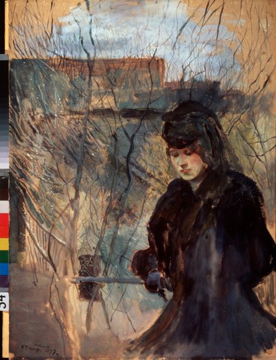 Printemps (Bahar) (Siyah giyinmiş, hüzünlü görünen ve aşağı bakan, ince bir bariyere yaslanmış bir kadın) - Konstantin (Constantin) Andreyevich Somov (1869-1939), karton üzerine suluboya ve guaj by Konstantin Andreevic Somov