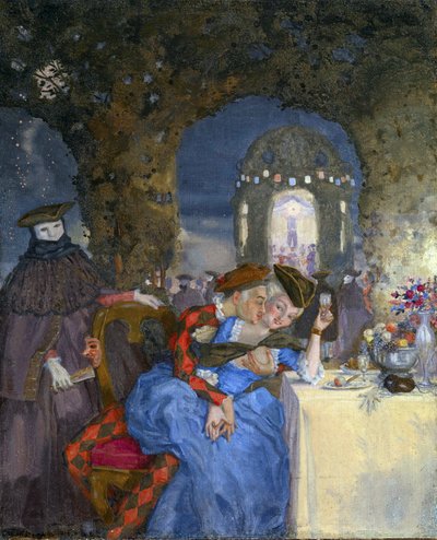 ""Rendez-vous"" Bir yaz partisinde, maskeli karakterlerin bakışları altında şakalaşan bir çift Tablo Konstantin Somov (1869-1939) - 1918 dolayları - Tuval üzerine yağlıboya Dim 27x22 cm Özel Koleksiyon by Konstantin Andreevic Somov