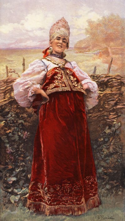 Bir Rus Bakiresi (renkli taş baskı) by Konstantin E Makovskij