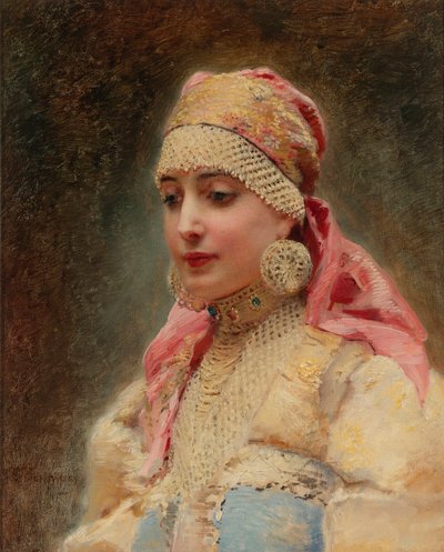 ""Boyar'ın Karısının Portresi" (boiard, boiar) - Resim Konstantin Yegorovich Makovsky (Constantin Makovski) (1839-1915), tuval üzerine yağlıboya, yaklaşık 1890 - (Boyar'ın Karısı, Tuval üzerine yağlı boya, Konstantin Yegorovich Makov by Konstantin Egorovich Makovsky