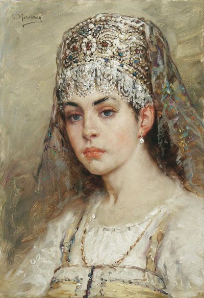 Boyar bir kadının portresi (boiard, boiar): sarafan elbisesi giymiş ve başında bir kokoshnik, geleneksel bir saç modeli var - Boyama Konstantin Yegorovich Makovsky (Constantin Makovski) (1839-1915) by Konstantin Egorovich Makovsky