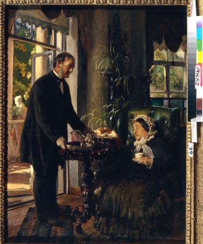 Bir konak şatosu. (Yaşlı bir kadın, kendisine ekmek ve reçel sunan bir hizmetçi tarafından sunulan çayı alır). Konstantin Yegorovich Makovsky