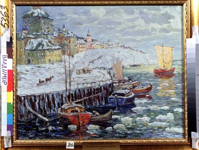 Eski bir Rus kasabasında set. Kar bloklarıyla kaplı bir nehirde teknelerin demirlediği rıhtımların tanımı, arka planda bir kasaba ve yola çıkan bir yelkenli tekne. Konstantin tarafından boyama (Co by Konstantin Ivanovich Gorbatov