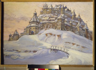 Eski Rus kalesi. (Orta Çağ'da Ukrayna'da kar altında ahşap müstahkem şehir). Konstantin (Constantin) Ivanovich Gorbatov'un (1876-1945) eseri, ahşap üzerine tempera, 20. yüzyılın başları. Özel koleksiyon. by Konstantin Ivanovich Gorbatov