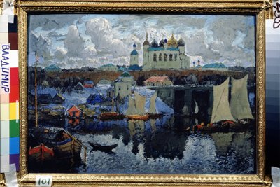 Novgorod'daki Köprü (Rusya) (Novgorod, İskele). Konstantin (Constantin) Ivanovich Gorbatov'un (1876-1945) tablosu, tuval üzerine yağlı boya by Konstantin Ivanovich Gorbatov