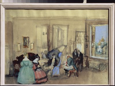 Nicolas Gogol'ün (1809-1852) "The Revizor" adlı tiyatro oyunundan bir sahne (N. Gogol'ün The Reviser adlı tiyatro oyunundan bir sahne) - Konstantin Ivanovich Rudakov'un (Constantin Roudakov) (1891-1949) eseri , kağıt üzerine suluboya  by Konstantin Ivanovich Rudakov