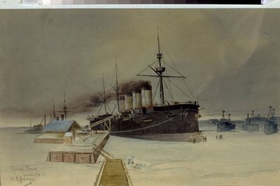 Zırhlı kruvazör Rossia - Konstantin Vasilyevich Isenberg (1859-1911), karton üzerine suluboya çalışması by Konstantin Vasilyevich Isenberg