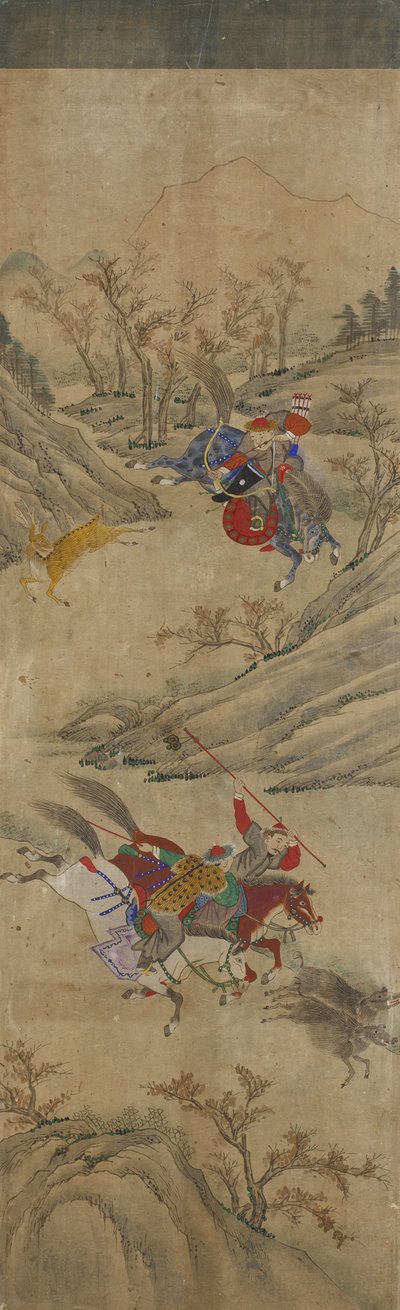 Av Sahnesi (3 binici ve 2 domuz) (kağıt üzerinde wc) by Korean School