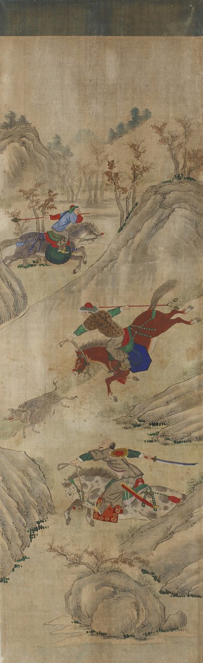 Av Sahnesi (3 binici ve yaban domuzu) (kağıt üzerinde wc) by Korean School
