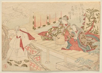 Gezici bir saray mensubu, genç hizmetçisiyle verandada oturan nedime el sallıyor by Kubo Shunman