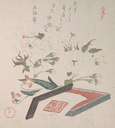 Mürekkep ve Cetvelli Kiraz Çiçekleri ve Mühür Kutusu, 19. yüzyıl. by Kubo Shunman