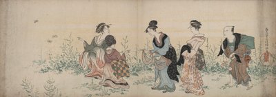 Dört kız ve bir hizmetçi kır çiçekleri ve kelebeklerin tadını çıkarıyor by Kubo Shunman