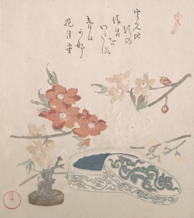 Şeftali Çiçekleri, Bir Mühür ve Bir Mühür Kutusu, 19. yüzyıl. by Kubo Shunman