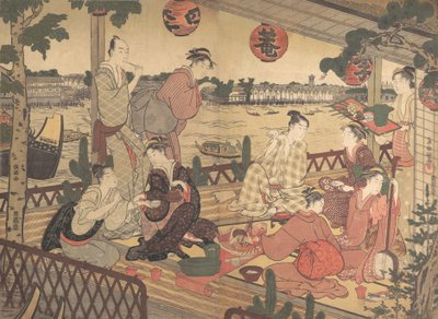 Sumida Nehri kıyısındaki bir Çayevinde Yemek Yiyen İki Genç Erkek ve Birkaç Kadın, ca. 1788. by Kubo Shunman