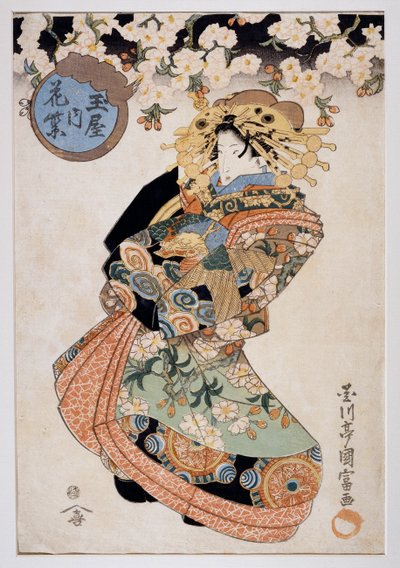 Tamaya çayevinden Courtesan Hanamurasaki, Ca 1830, Ukiyo-e sanat baskısı Utagawa Kunitomi (aktif 1810-1830), Oban-tate-e gravür, 38.2x26.5 cm, Japon uygarlığı by Kunitomi Utagawa