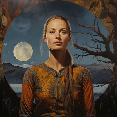 35 yaşında, hilal şeklinde, gizemli gülümsemeli, yüzü ve vücudu hafif dönük, uzun sarı saçlı Sami kadın 3 by Kurt Heppke