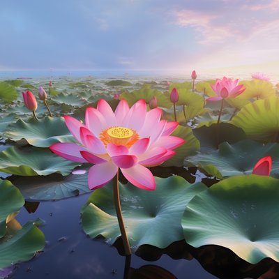 Berrak su yüzeyinde büyük ve güzel lotus çiçekleri açar, yeşil lotus yaprakları ve lotus çiçeklerinin üzerinde çiy bulunur. Gün batımı su yüzeyinde parlıyor 1 by Kurt Heppke