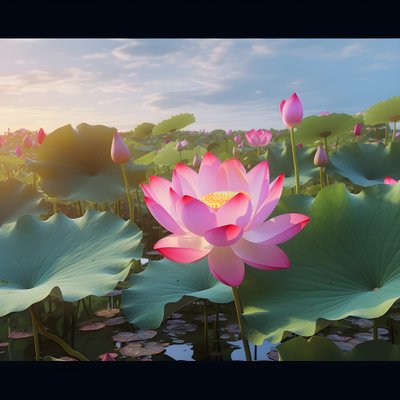 Berrak su yüzeyinde büyük ve güzel lotus çiçekleri açar, yeşil lotus yaprakları ve lotus çiçeklerinin üzerinde çiy bulunur. Gün batımı su yüzeyinde parlıyor 4 by Kurt Heppke