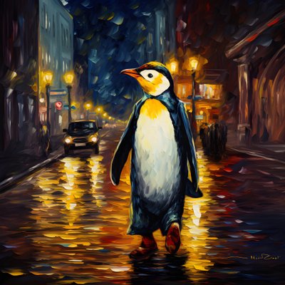 Takım elbiseli bir penguen sokakta koşuyor. 1 by Kurt Heppke