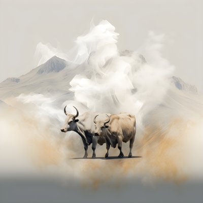 Bir fraktal soyut tuval resmi, bej ve beyaz duman dokusu. Ufukta Ağrı Dağı ile birlikte dumandan çıkan 3 siyah boğa. New York'ta Wall Street'teki boğaları anımsatan pozlar. 3 by Kurt Heppke